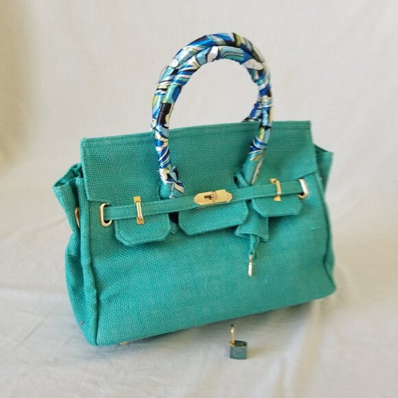 NWOT! Woven Jute Tote Handbag Purse with Scarf Handle and Lockable Front Straps - Picture 3 of 14